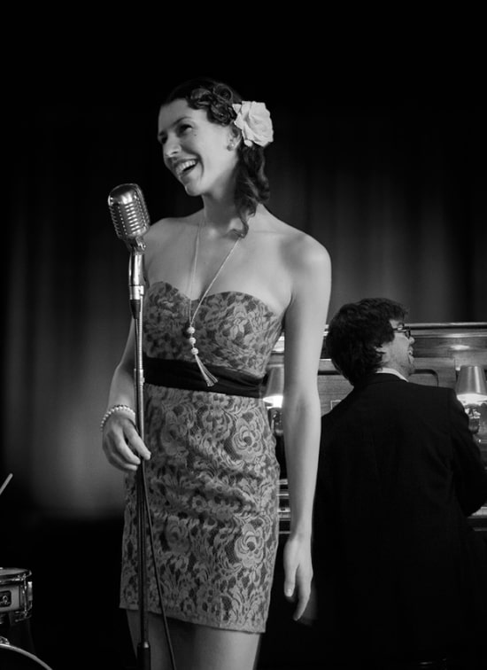 Female jazz singer performing with pianist playing in the background